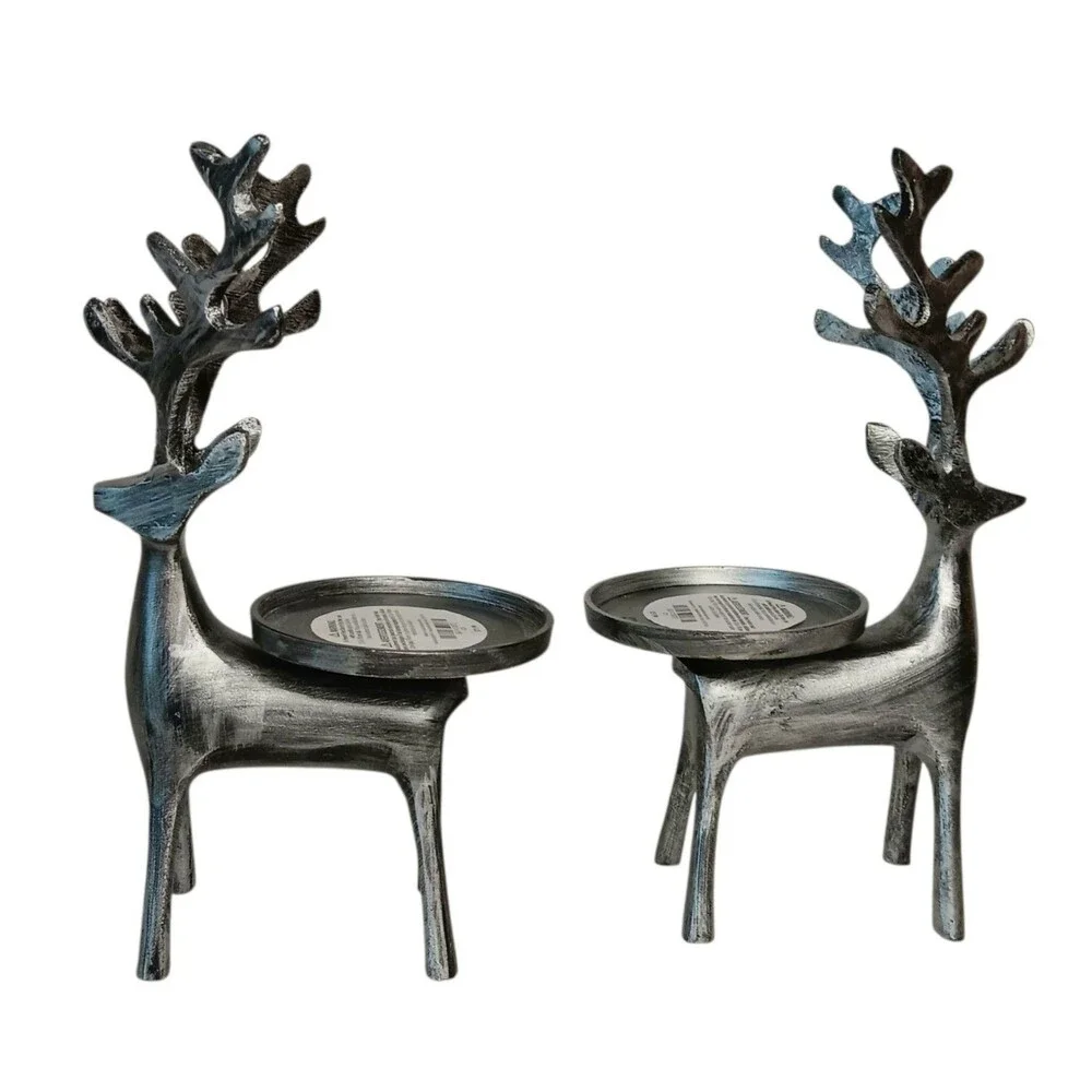 2 Silver Metal Deer Pillar Candle Holders By Pier 1 Reindeer Christmas Holiday
